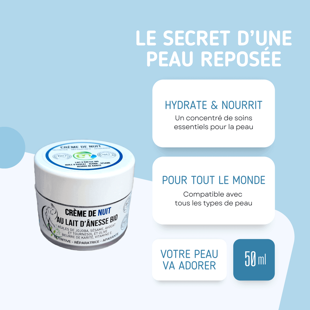 Crème nuit bio au lait d’ânesse – hydrate, régénère et apaise