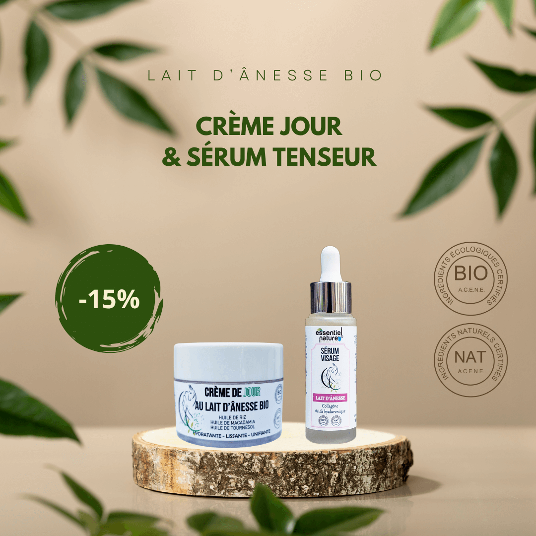 Routine skincare au lait d’ânesse bio avec crème de jour hydratante et sérum tenseur raffermissant pour une peau éclatante et protégée.