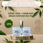 Routine skincare au lait d’ânesse bio avec crème jour et nuit et sérum contour des yeux pour hydrater, régénérer et illuminer le regard.