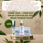 Routine skincare complète au lait d’ânesse bio avec crème jour et nuit, sérum contour des yeux et sérum tenseur pour une peau lissée, éclatante et repulpée.
