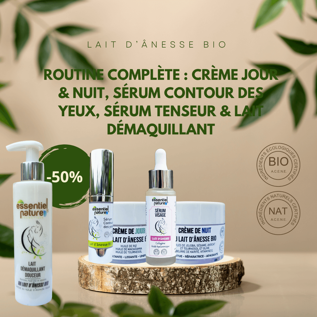 Routine skincare complète au lait d’ânesse bio avec lait démaquillant, crème jour et nuit, sérum contour des yeux et sérum tenseur pour une peau parfaite.