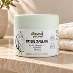 Masque capillaire au lait d’ânesse bio Essentiel Nature, pot 200 ml dans une salle de bain — mise en scène illustrative.