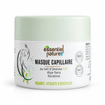 Masque capillaire au lait d’ânesse bio Essentiel Nature, pot 200 ml sur fond blanc — mise en scène illustrative.