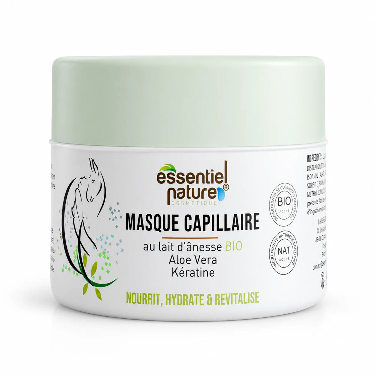 Masque capillaire au lait d’ânesse bio Essentiel Nature, pot 200 ml sur fond blanc — mise en scène illustrative.