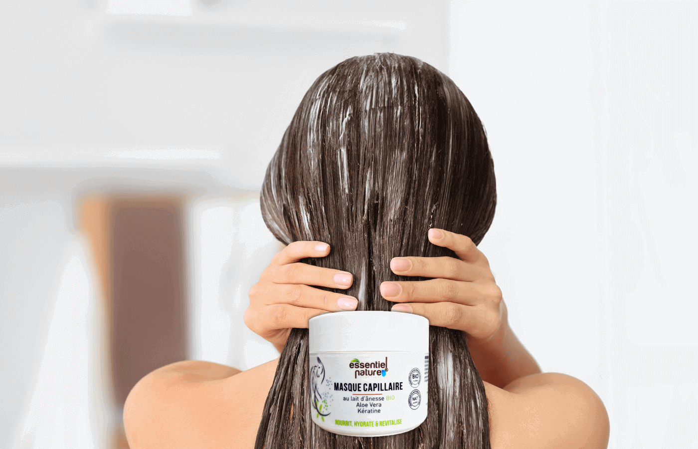 Essentiel Nature - Masque capillaire réparateur au lait d’ânesse bio pour nourrir en profondeur, réparer et redonner éclat aux cheveux secs.